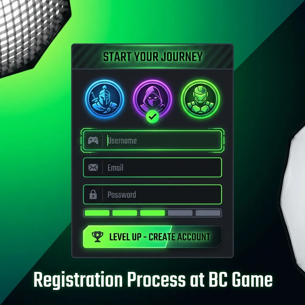 Step-by-step BC Game registration guide showing sign-up button, email verification, profile completion, and bonus claim process